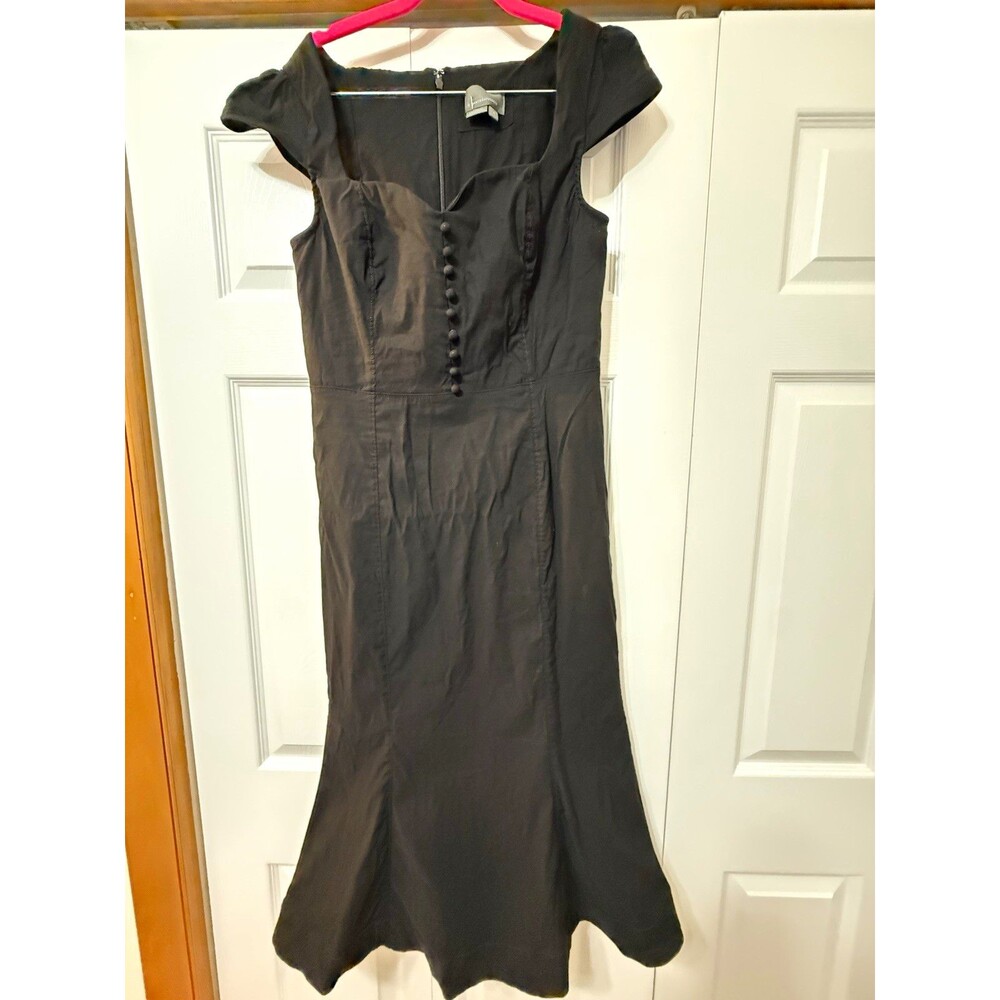 Anthropologie Black Sweetheart Sheath Dress Cap Sleeve Button Front Zip Back M